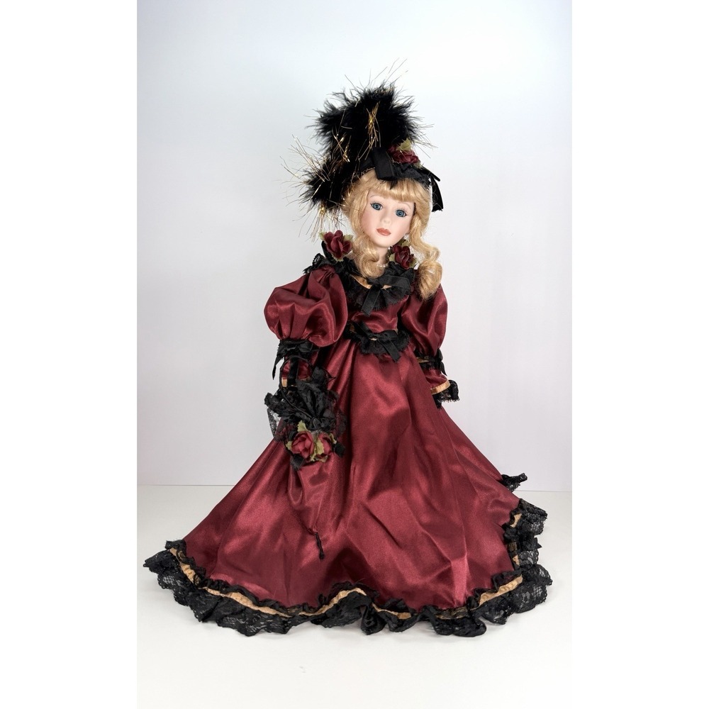 Signed Porcelain Doll Victorian‎ Burgundy Dress Curled Blonde Hair Blue Eyes